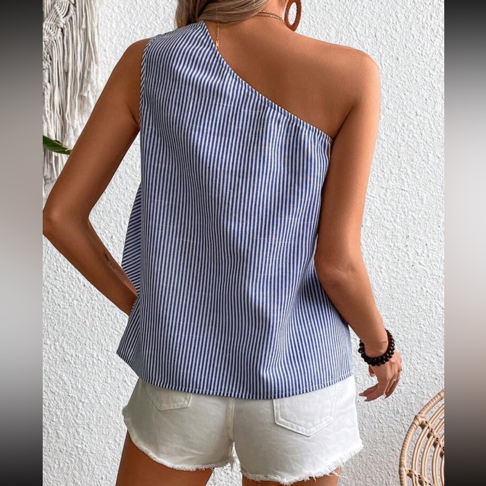 Classic Stripe Print One Shoulder Top Blouse Shirt Blue White - Picture 2 of 4